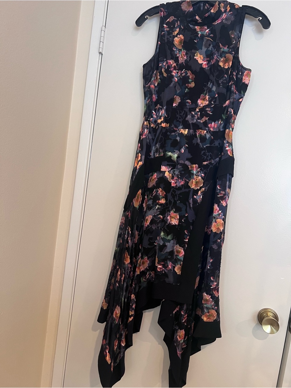 Nicole Miller Black Floral Asymmetrical Hem Midi Dress